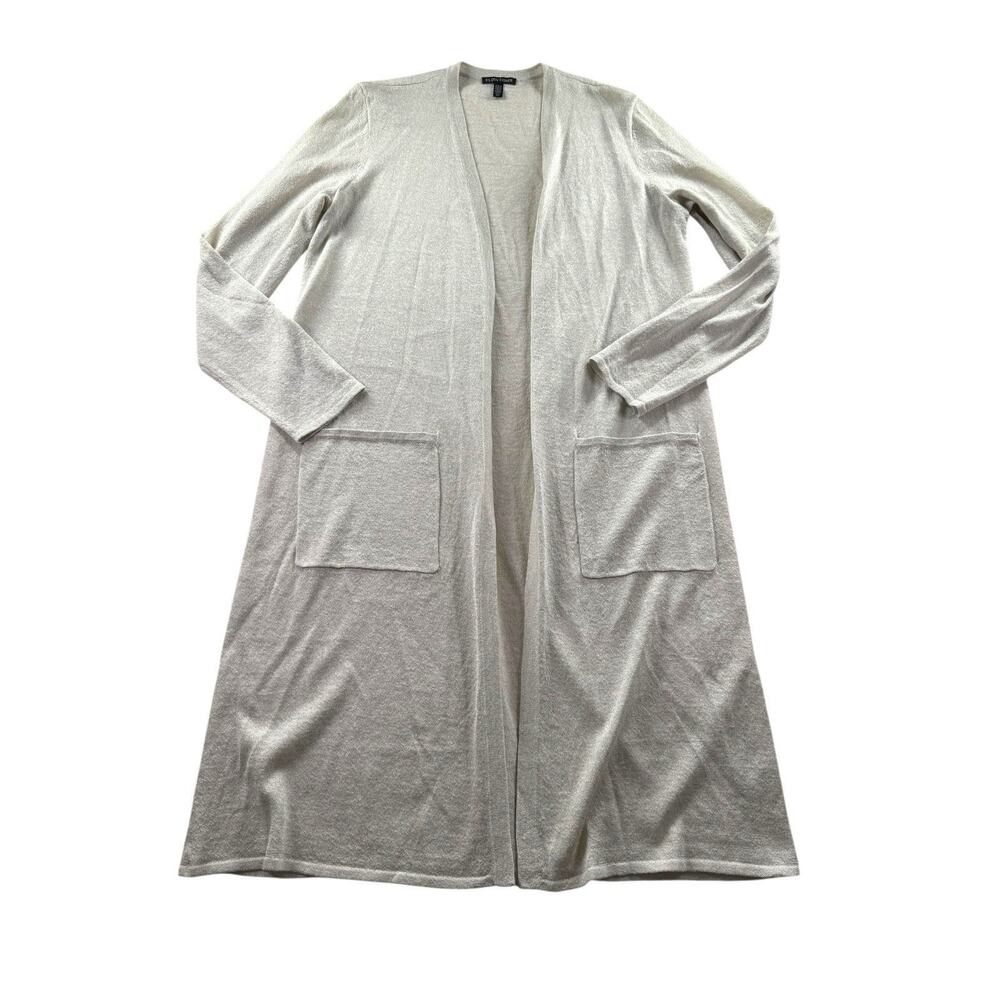 Eileen Fisher Long Duster Cardigan Size Small Open Organic Linen Crepe Sparkle